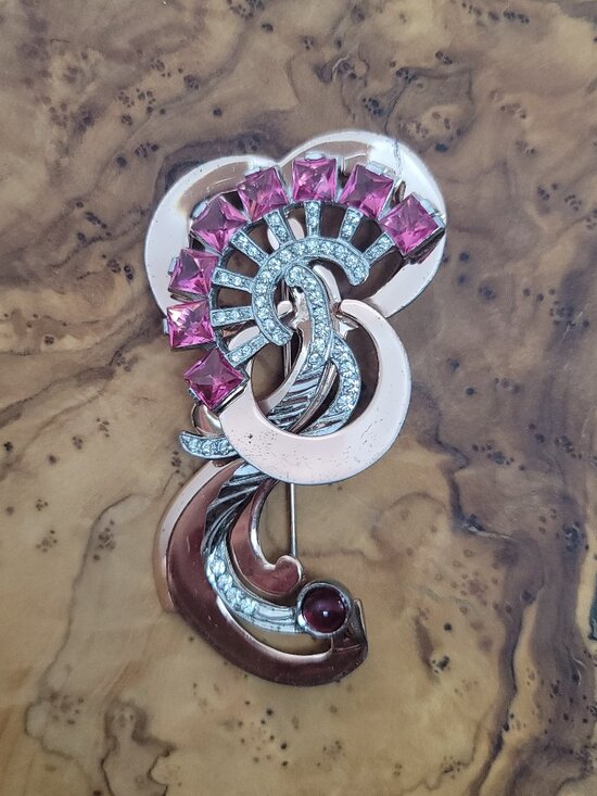 Antique Jewelry - Art Deco Retro Sterling, Rhinestone & Art Glass Brooch
